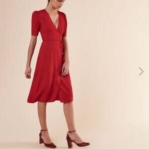 Reformation Red Marta Wrap Midi Dress with Puff Sleeves - Size Small ❤️